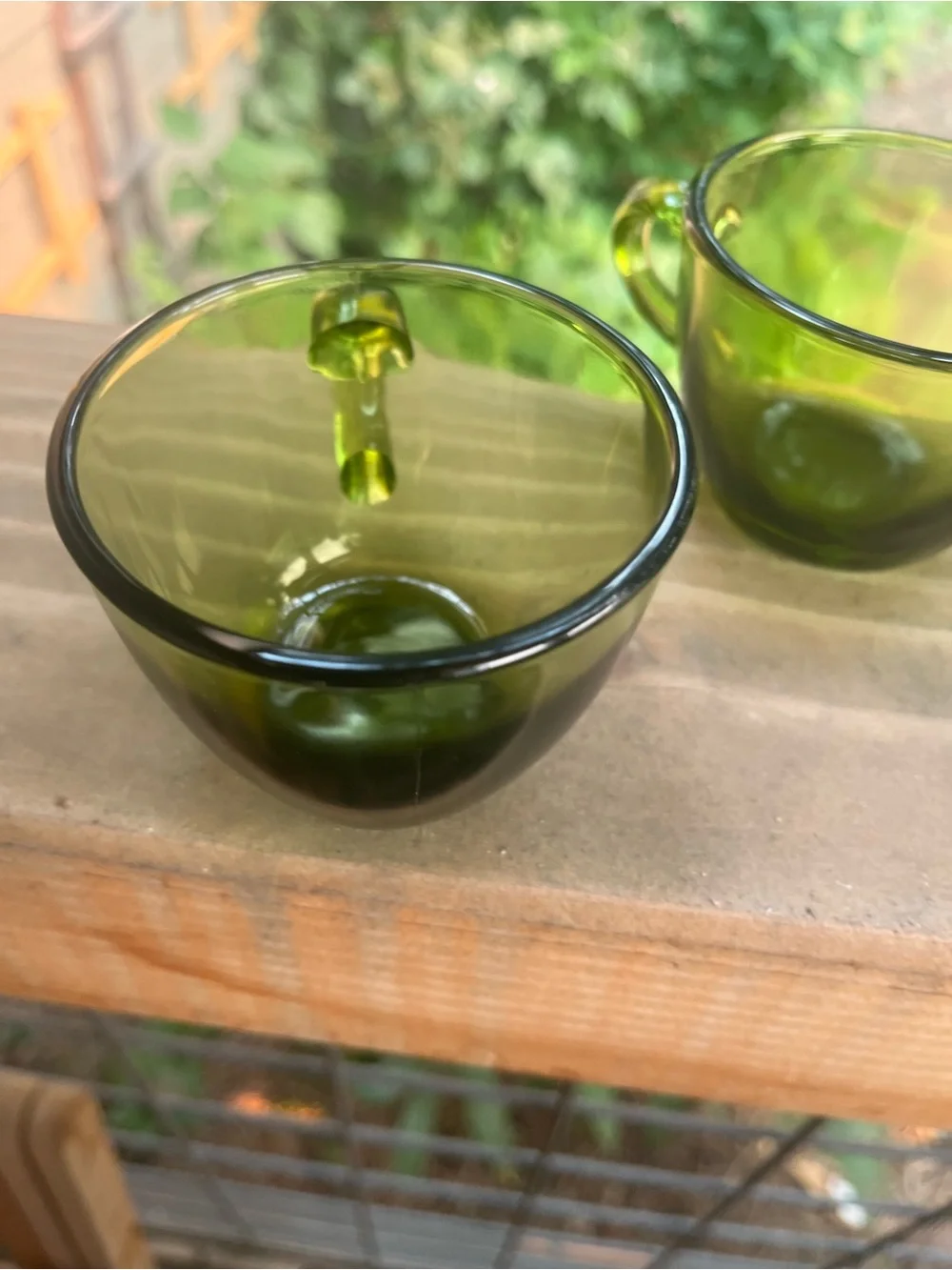 Vintage Indiana Glass, Sunburst, Avocado, Green Demi Mugs/Tea Cups Set of 2 Rare